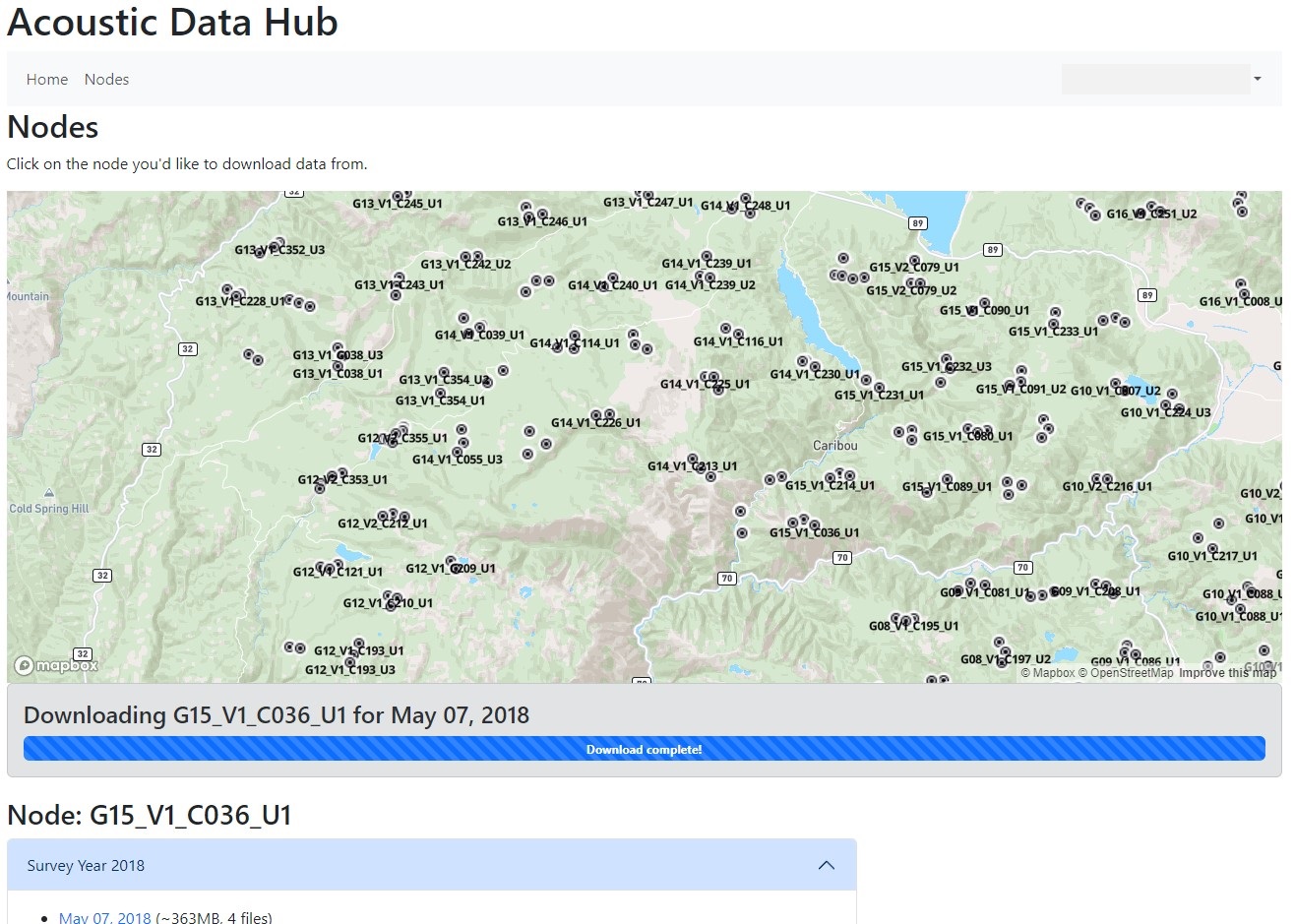 Screenshot of acoustic data download tool