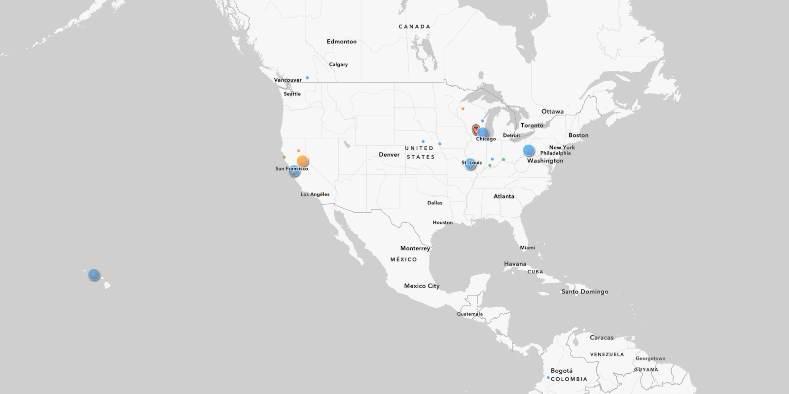 Screenshot of interactive map indicating locations of Peery lab activity